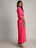 Elegant pleated maxi dress with a belt, neon pink 17160